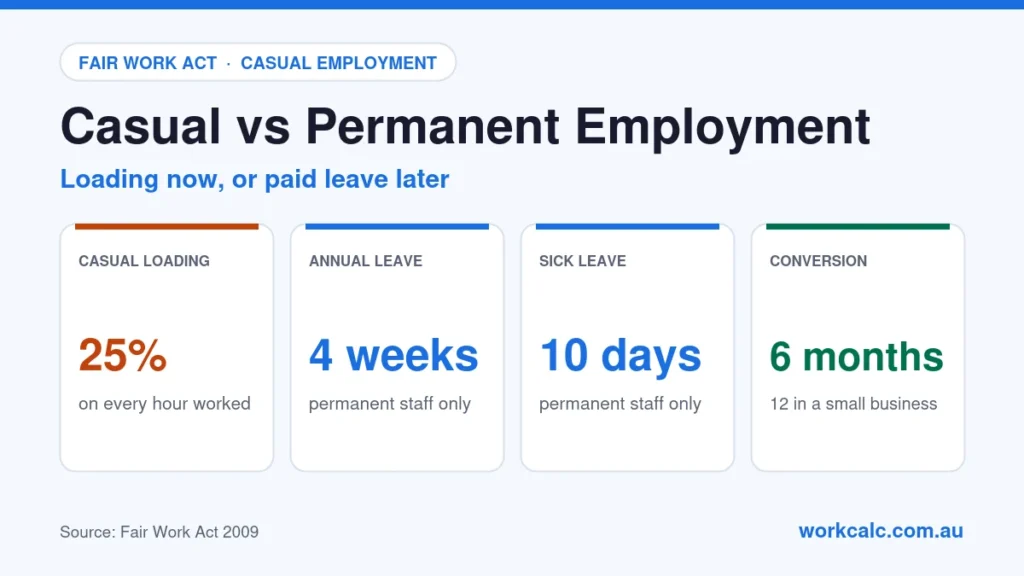 Casual vs permanent employment in Australia: casuals get a 25% loading on every hour; permanent employees get 4 weeks annual leave and 10 days sick leave; casuals can seek to convert after 6 months (12 in a small business)