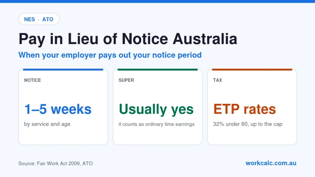 Pay in lieu of notice in Australia: notice is 1 to 5 weeks depending on service and age, super is usually payable on it, and it is taxed at employment termination payment rates (32% under 60, up to the cap)