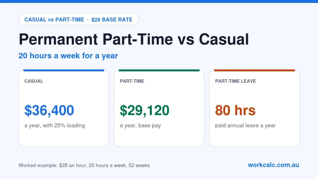 Permanent part-time vs casual on $28 an hour for 20 hours a week: a casual earns $36,400 a year with the 25% loading; a part-time employee earns $29,120 a year plus 80 hours of paid annual leave