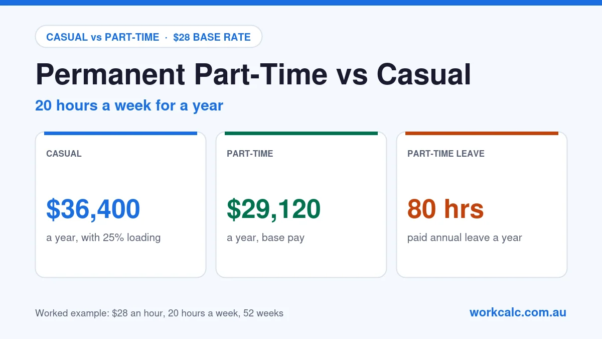 Permanent part-time vs casual on $28 an hour for 20 hours a week: a casual earns $36,400 a year with the 25% loading; a part-time employee earns $29,120 a year plus 80 hours of paid annual leave