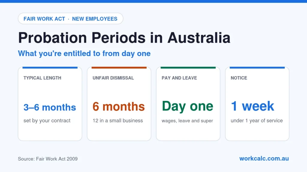 Probation periods in Australia: probation is usually 3 to 6 months under your contract; unfair dismissal protection starts after 6 months (12 in a small business); full wages, leave and super apply from day one; minimum notice is 1 week with under 1 year of service