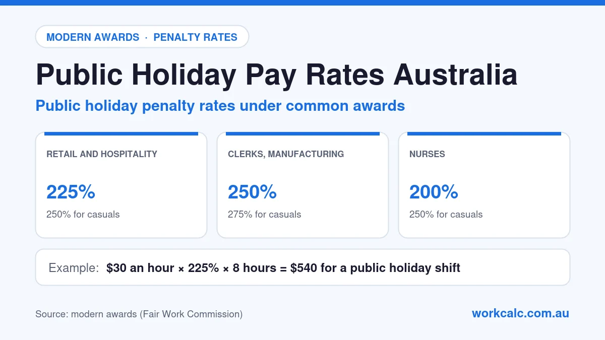 Public holiday pay rates in Australia: retail and hospitality awards pay 225% (250% for casuals), clerks and manufacturing awards 250% (275% for casuals), nurses 200% (250% for casuals); $30 an hour × 225% × 8 hours = $540