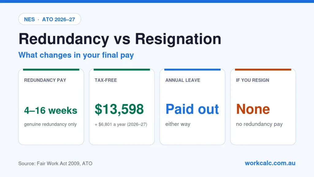 Redundancy vs resignation in Australia: genuine redundancy pays 4 to 16 weeks of NES redundancy pay with a tax-free amount of $13,598 plus $6,801 a year in 2026–27; unused annual leave is paid out either way; resigning pays no redundancy