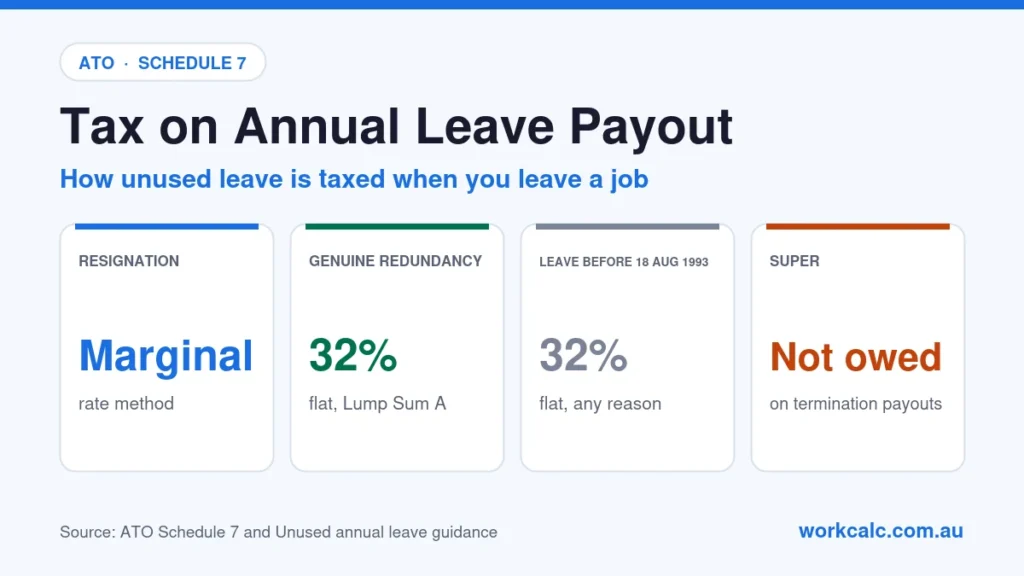 Tax on annual leave payout in Australia: on resignation tax is withheld with the Schedule 7 marginal rate method; on genuine redundancy a flat 32% applies (Lump Sum A); leave accrued before 18 August 1993 is taxed at a flat 32%; super is not owed on termination payouts